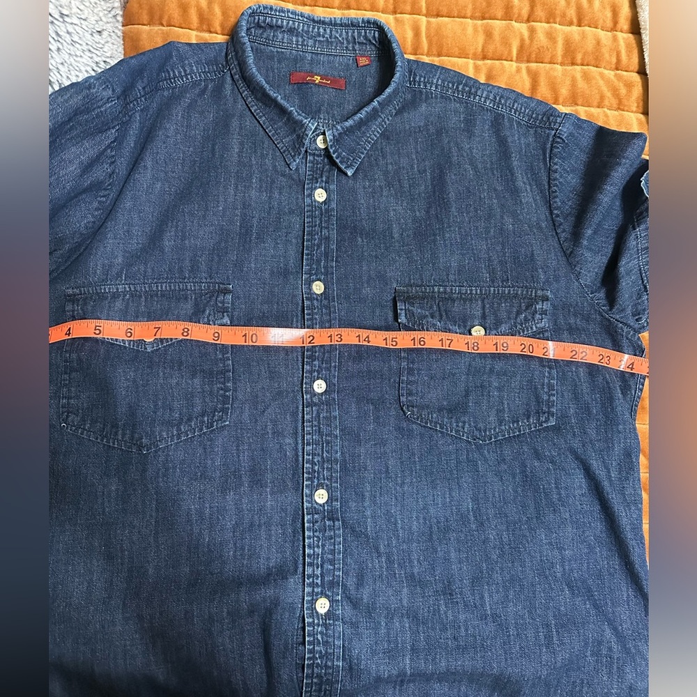 7 For All Mankind Blue Denim Button Down Women’s Size XXL Short Sleeve Top - Picture 9 of 13